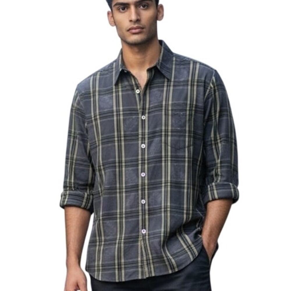 Tommy Bahama Plaid & Palm Branch Shirt Mens XL Gray Button Aloha Tropical